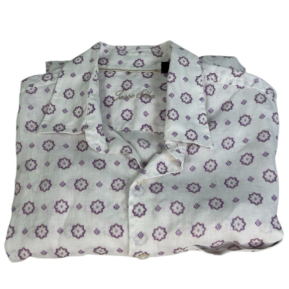 Tasso Elba Mens SZ M 100% Linen White Floral Button Short Sleeve Shirt Vacation - Picture 1 of 11